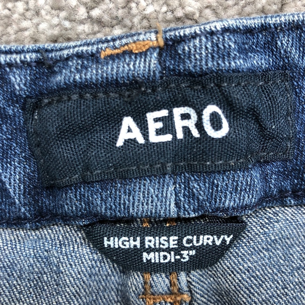Aero Shorts Women 2 Midi High Rise Curvy Blue Jean Dark Faded Out Ripped Holes - Picture 4 of 8